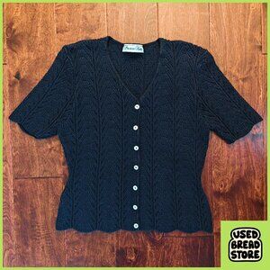 Vintage 90s Women's Precious Knits Medium Cable Navy Sweater Scalloped Old Money